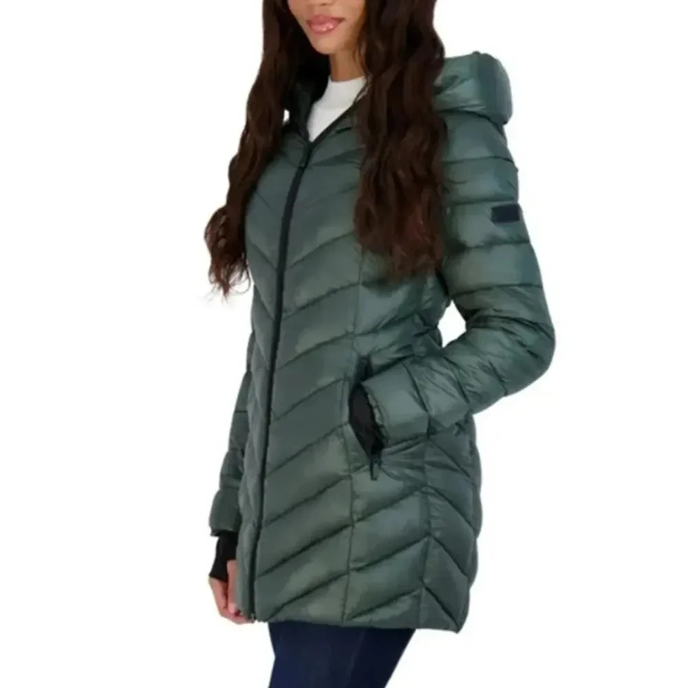 NWT BCBGMAXAZRIA Metallic Fitted Puffer Jacket Full-Zip Quilted Emerald Size S
